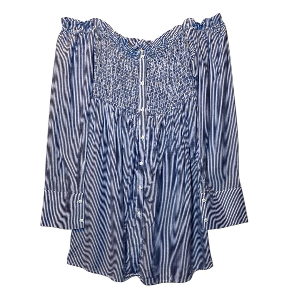Millibon Off Shoulder Shirt Dress Women Medium blue White Striped Button Up Mini